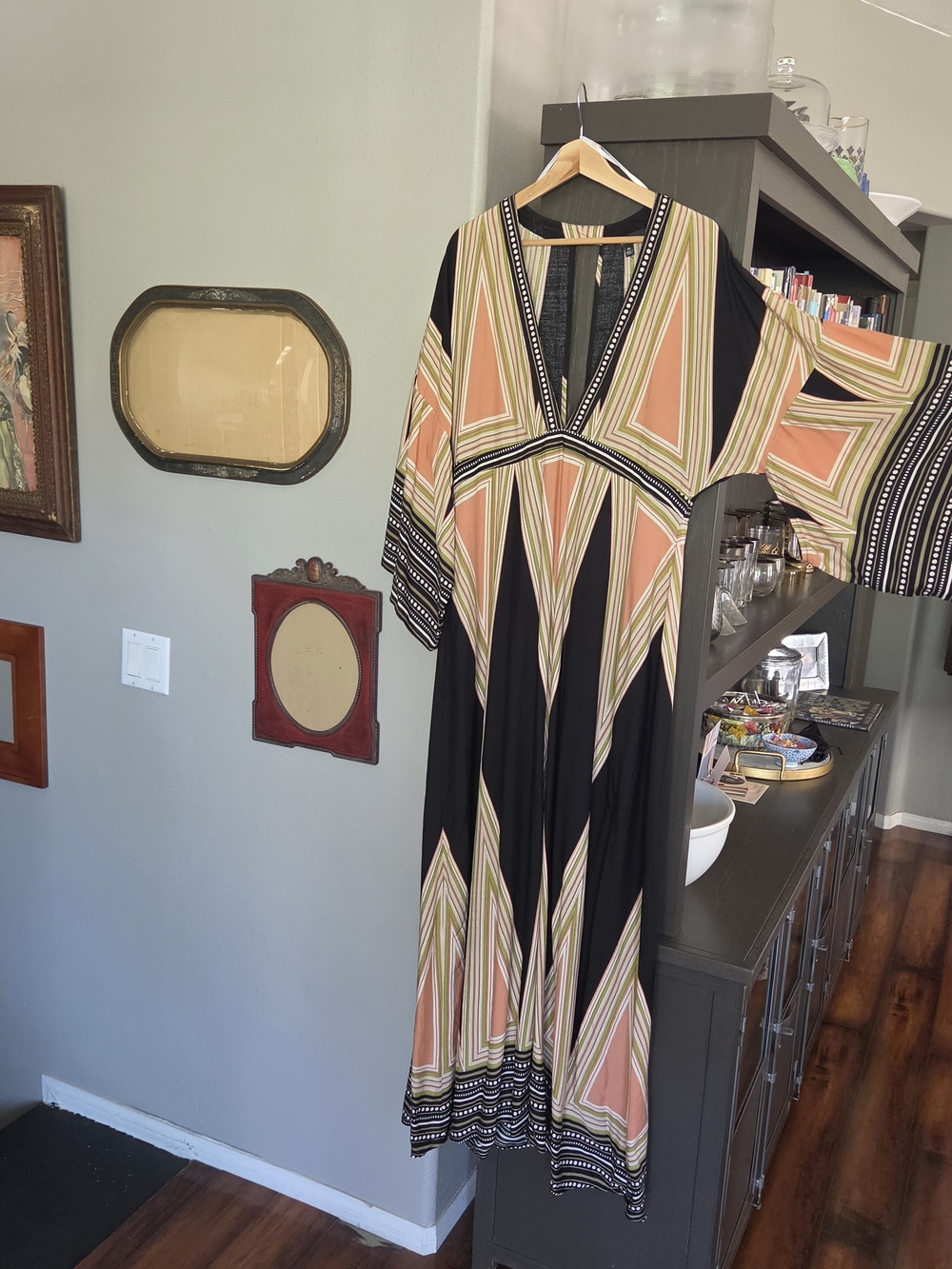 Lulu's Black Maxi Dress with Peach & Olive Geometric Print